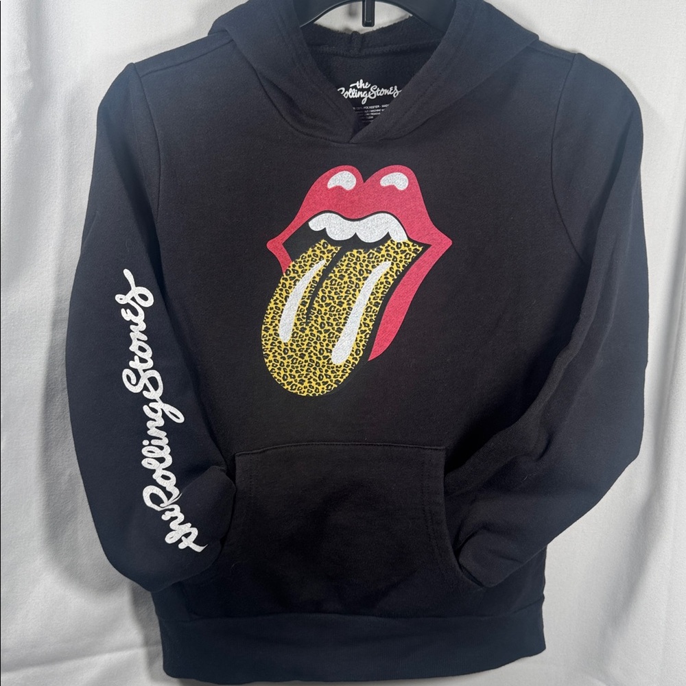 The Rolling Stones Youth Black Leopard Tongue Sleeve Print Graphic Hoodie L